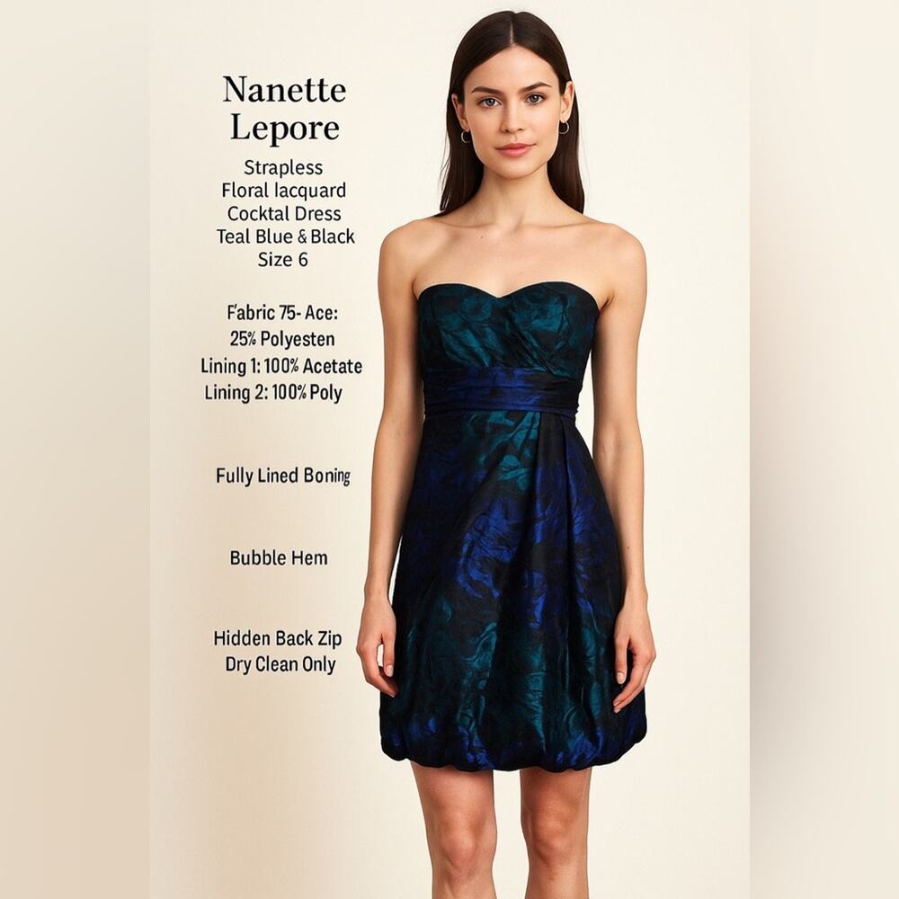 Nanette Lepore Strapless Floral Jacquard Cocktail Dress Teal Blue & Black | Sz 6